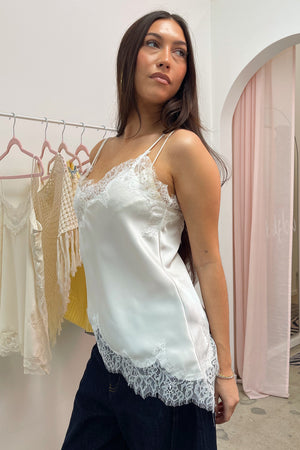 Talia Off White with Lace Trim Asymmetrical Hem Tank Top