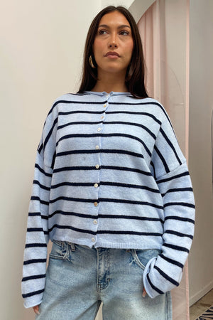 Blythe Light Blue with Navy Stripe Button Up Cardigan