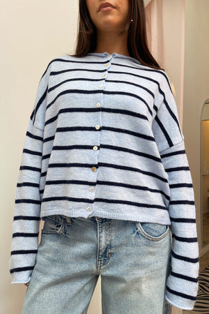Blythe Light Blue with Navy Stripe Button Up Cardigan