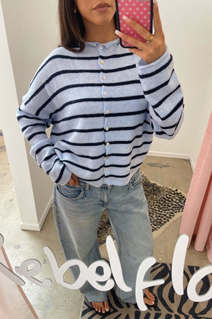 Blythe Light Blue with Navy Stripe Button Up Cardigan
