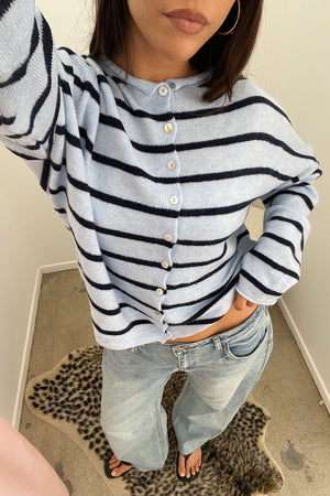 Blythe Light Blue with Navy Stripe Button Up Cardigan
