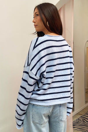 Blythe Light Blue with Navy Stripe Button Up Cardigan
