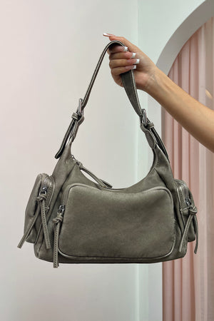 Sedona Light Grey Distressed Faux Leather Shoulder Bag
