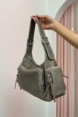 Sedona Light Grey Distressed Faux Leather Shoulder Bag