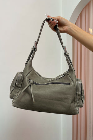 Sedona Light Grey Distressed Faux Leather Shoulder Bag