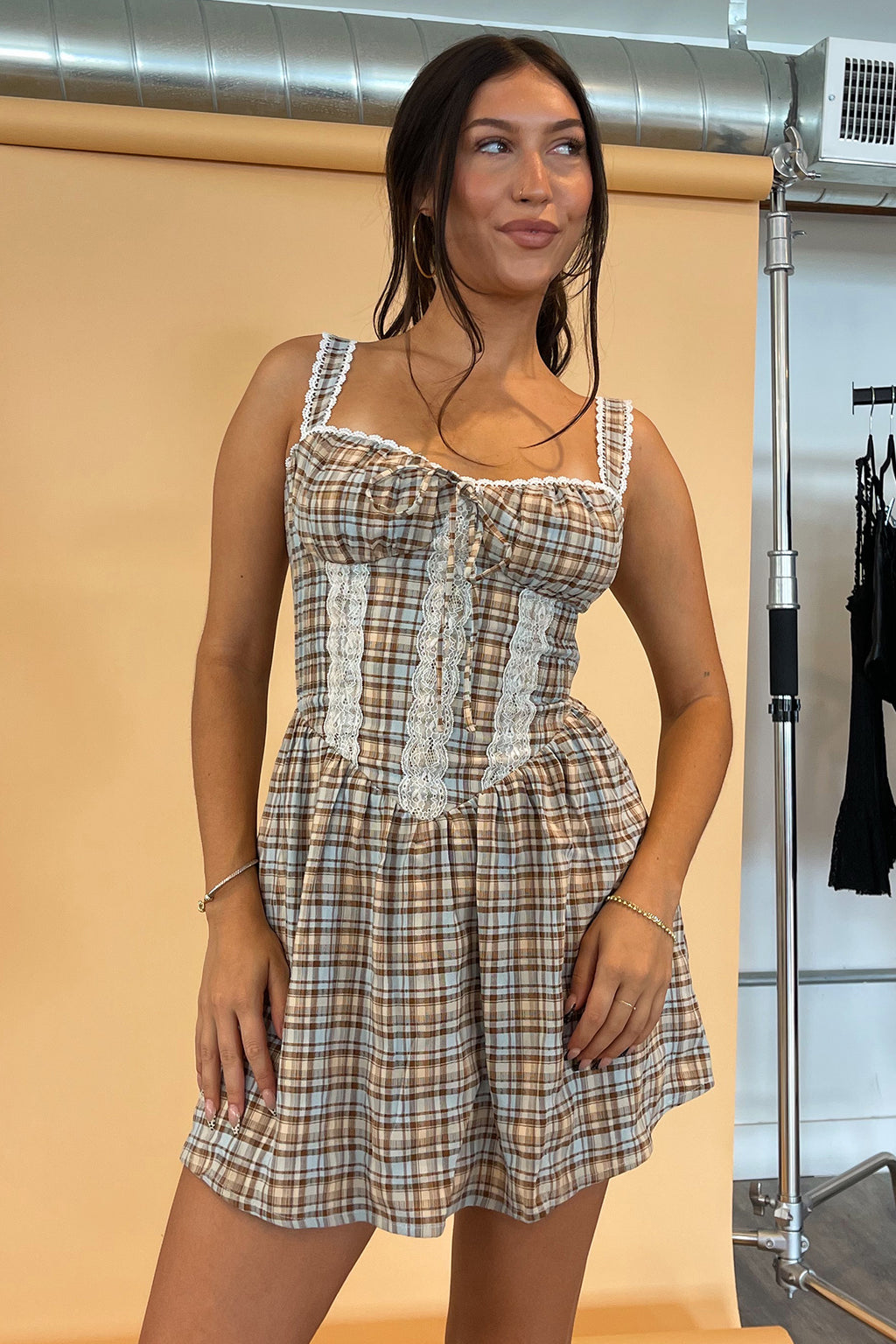 Faye Light Brown and Blue Plaid Cottage Mini Dress