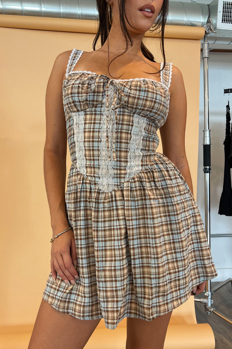Faye Light Brown and Blue Plaid Cottage Mini Dress