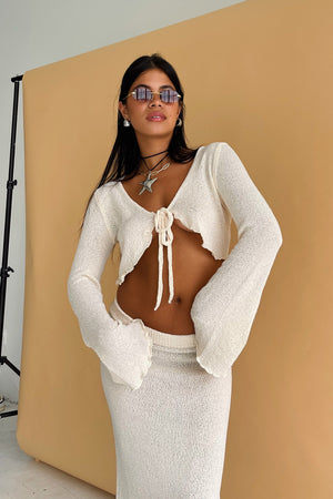 Island Time Natural Knit Tie Front Long Sleeve Top