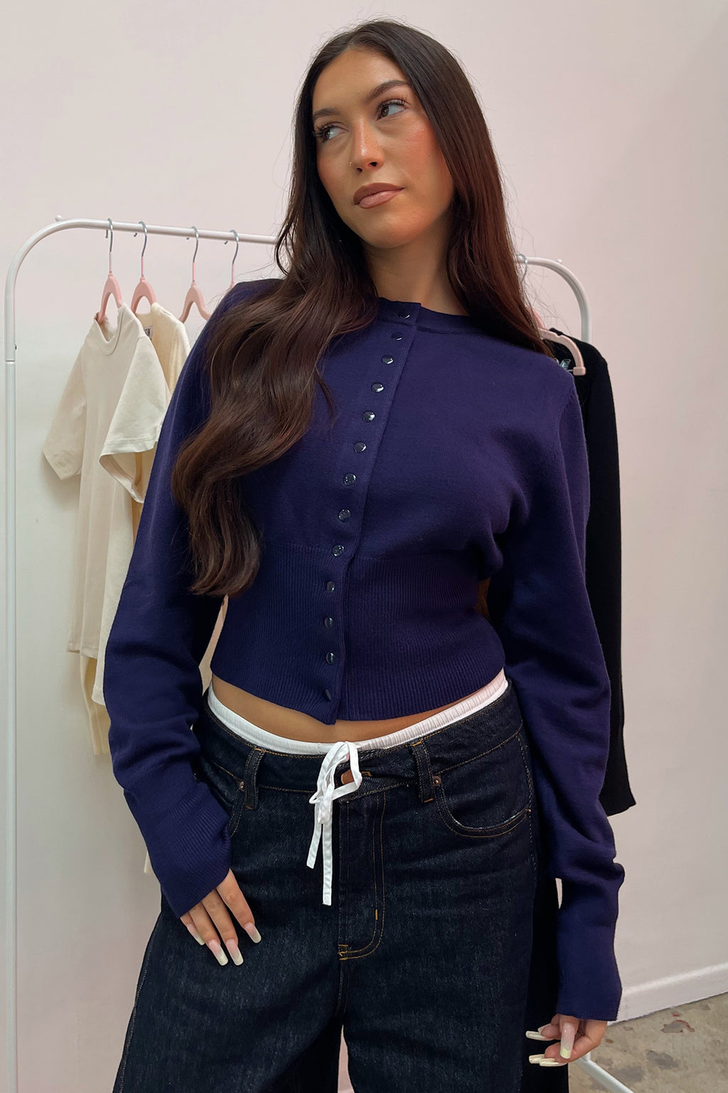 Très Chic Navy Snap Closure Fitted Cardigan