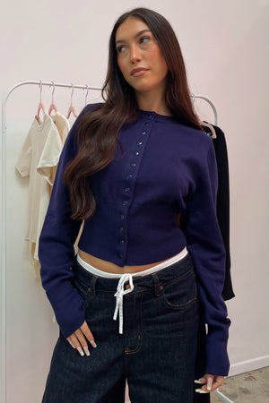 Très Chic Navy Snap Closure Fitted Cardigan