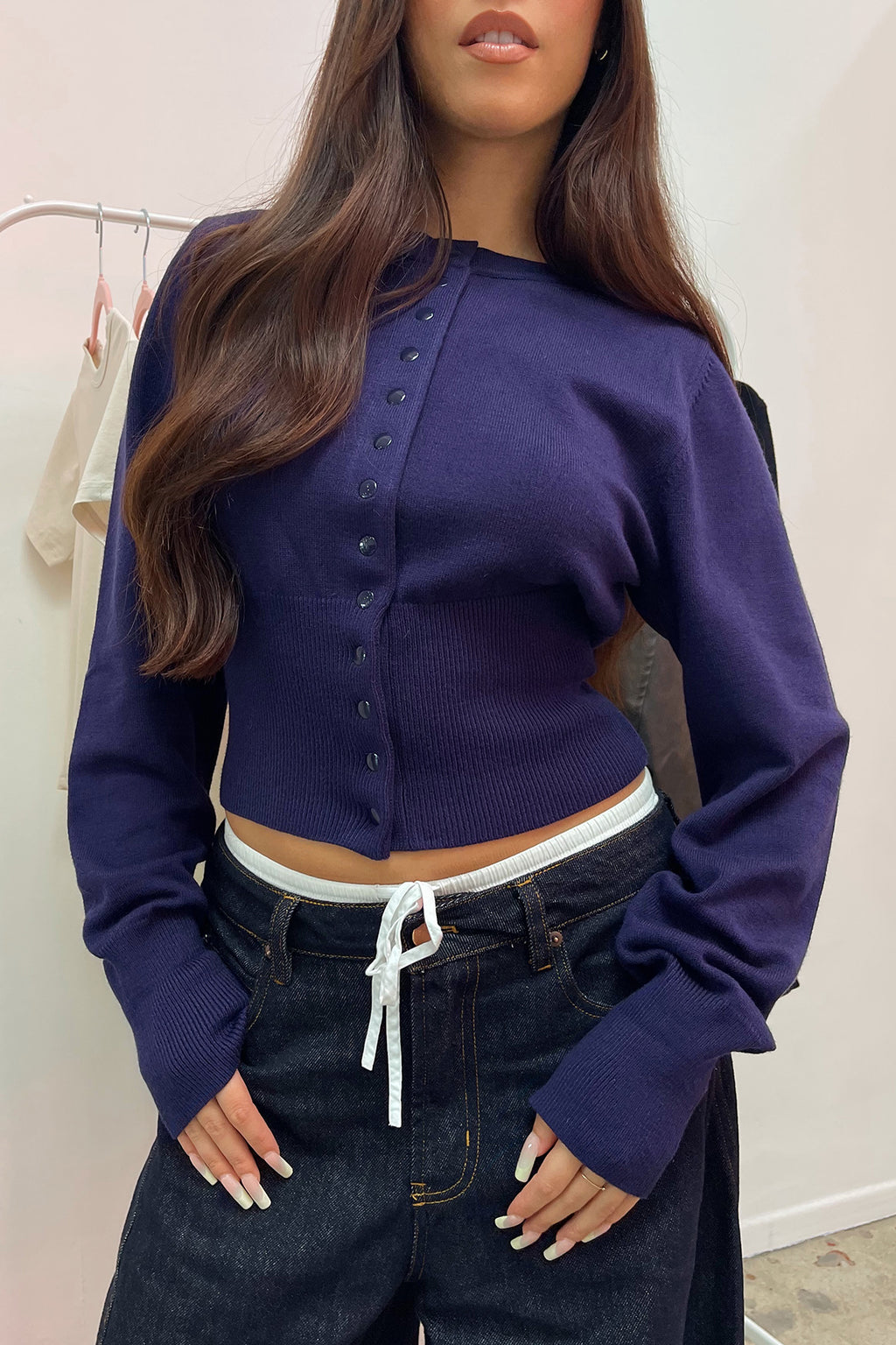 Très Chic Navy Snap Closure Fitted Cardigan