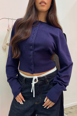 Très Chic Navy Snap Closure Fitted Cardigan
