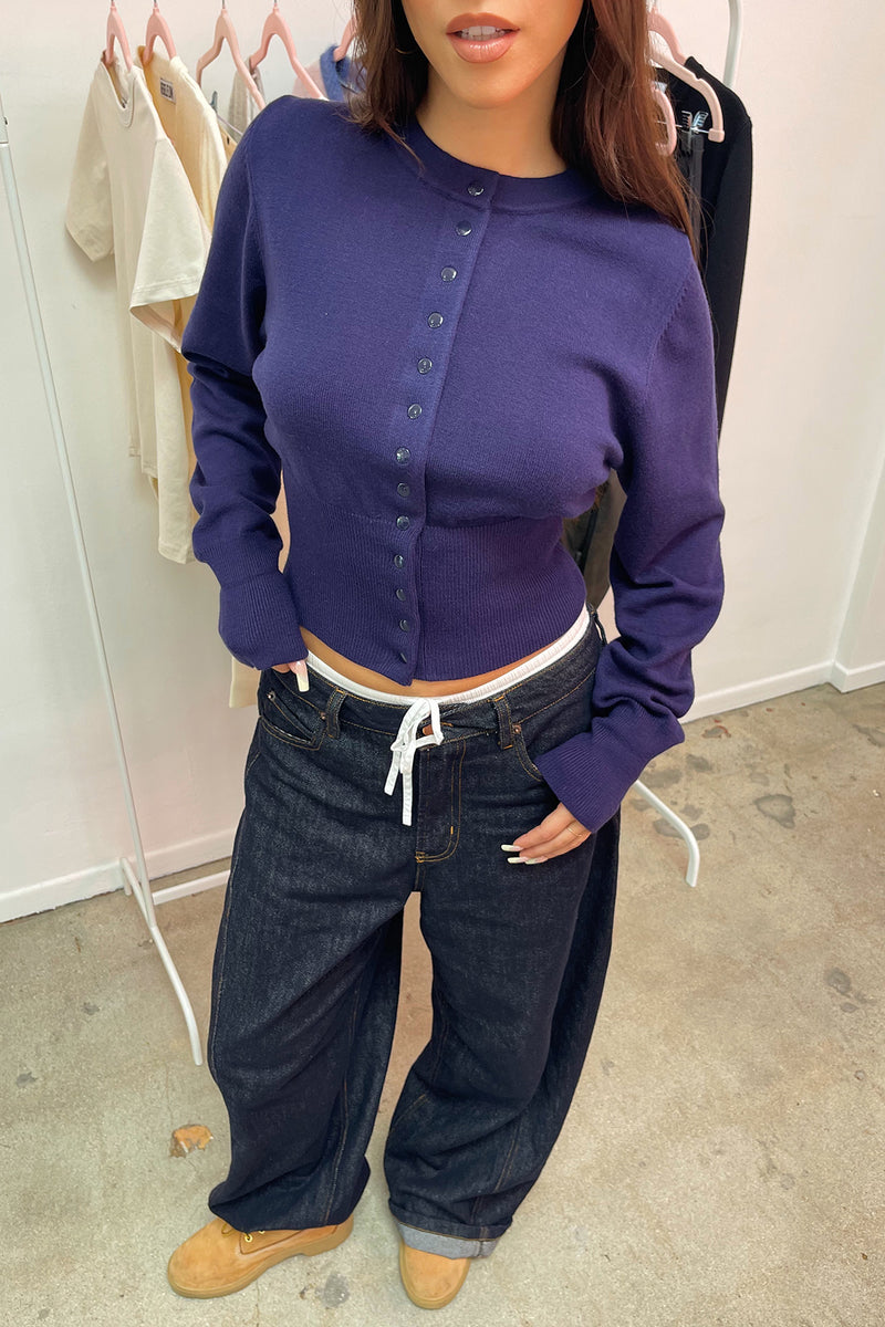 Très Chic Navy Snap Closure Fitted Cardigan