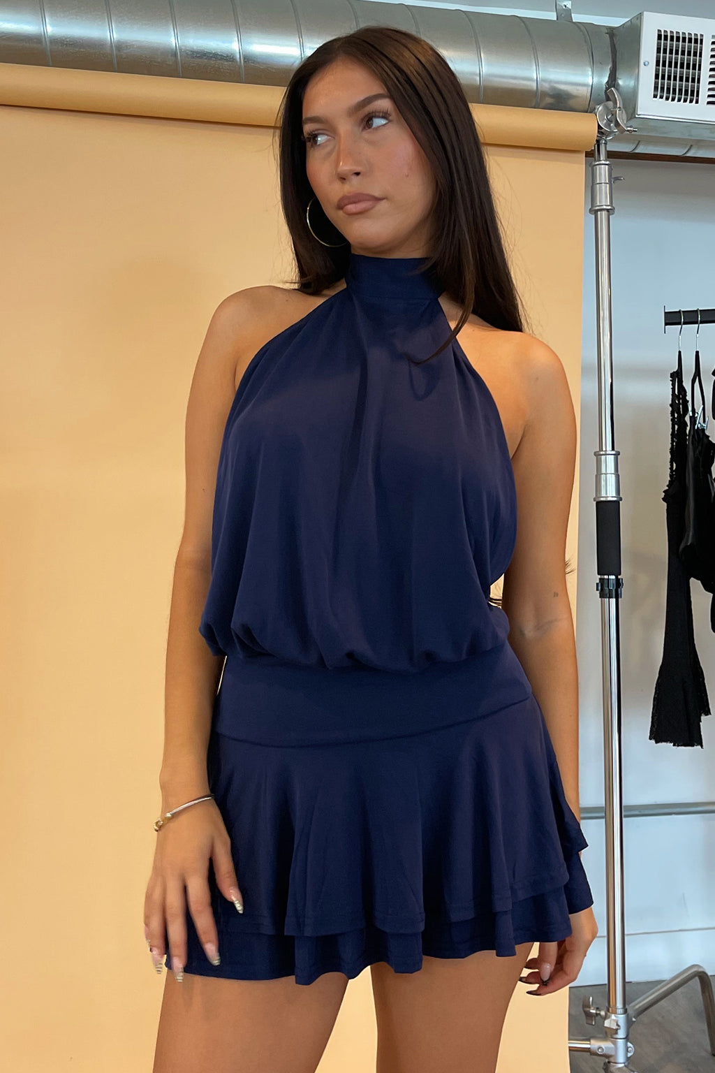 Gaia Navy Halter with Ruffle Bottom Mini Dress