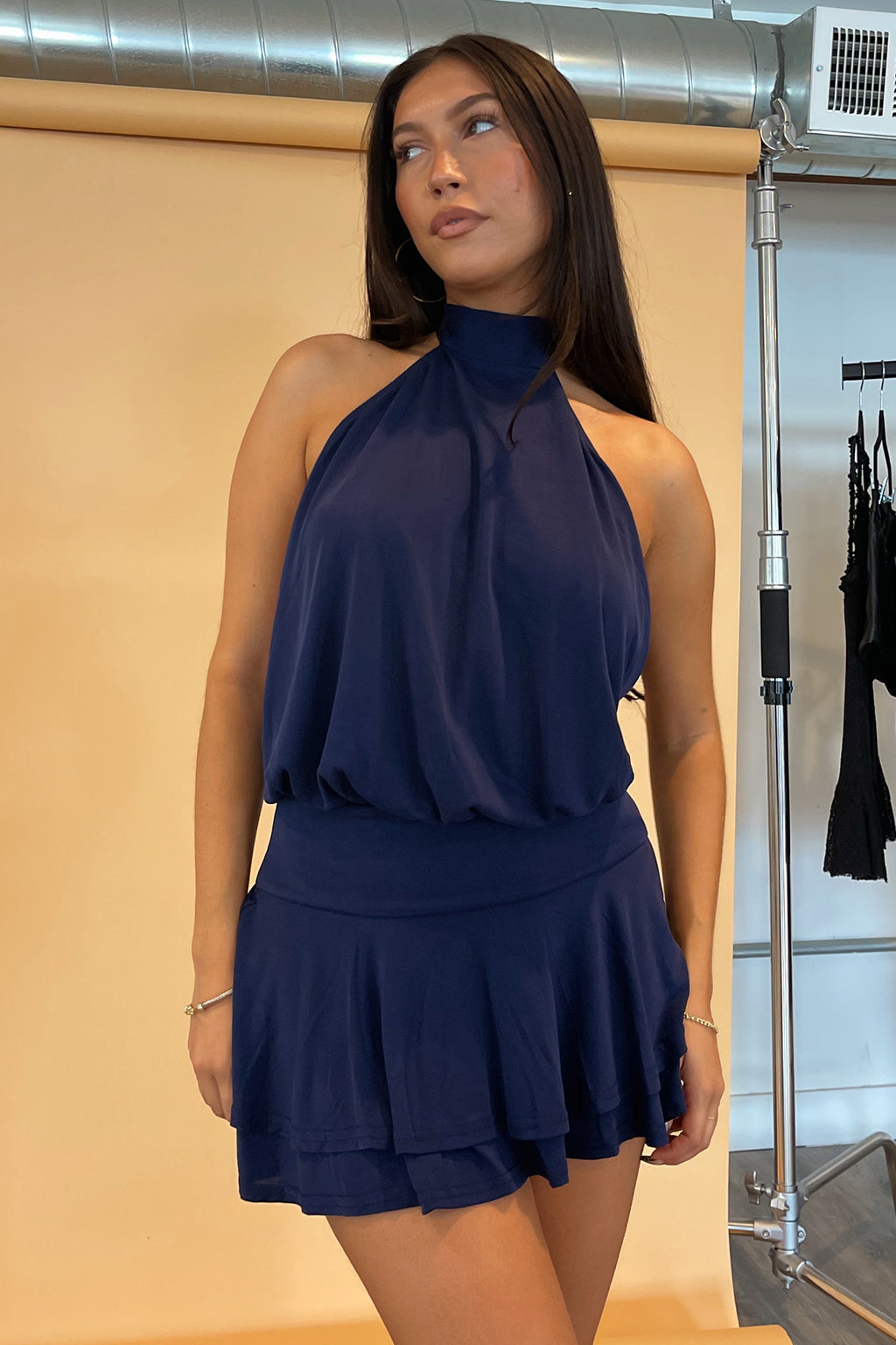 Gaia Navy Halter with Ruffle Bottom Mini Dress