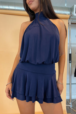 Gaia Navy Halter with Ruffle Bottom Mini Dress