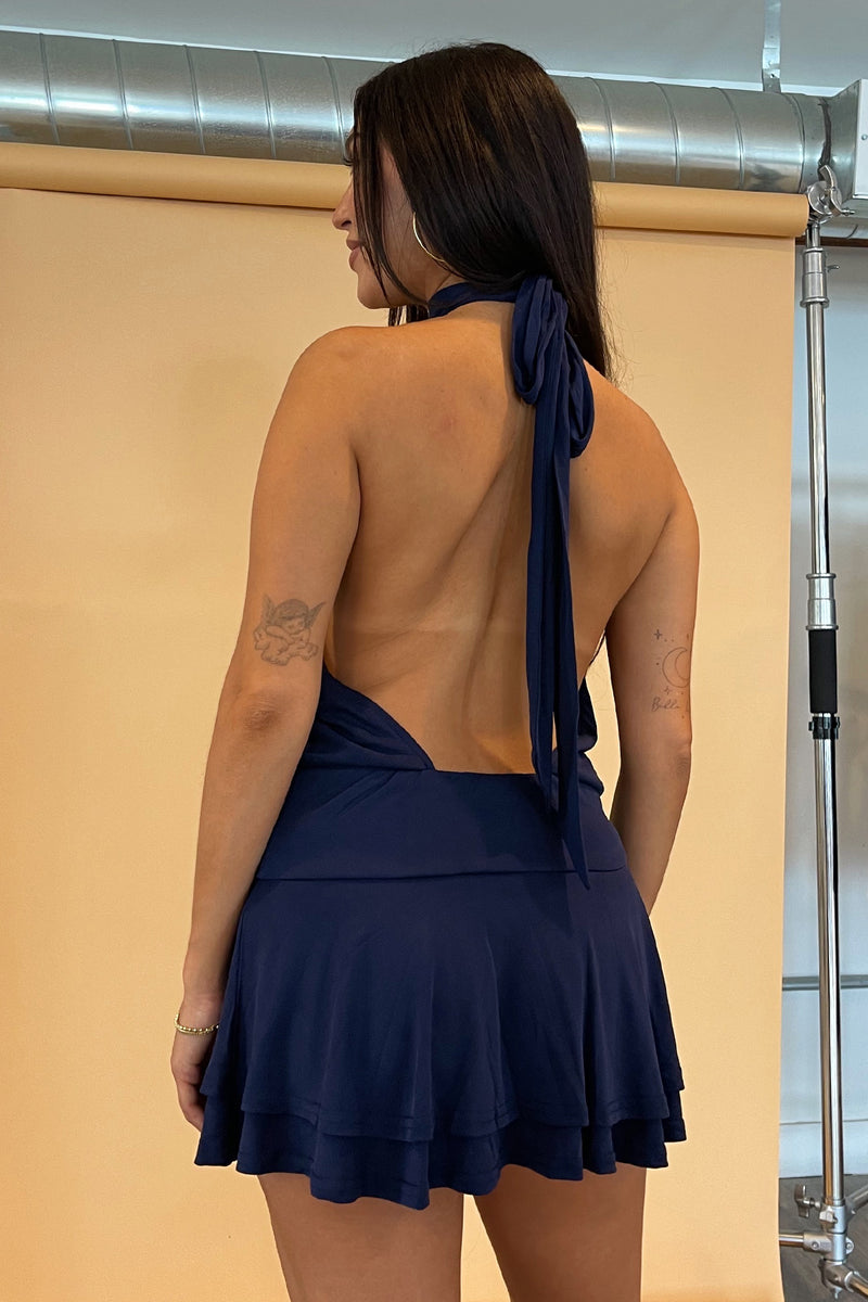 Gaia Navy Halter with Ruffle Bottom Mini Dress