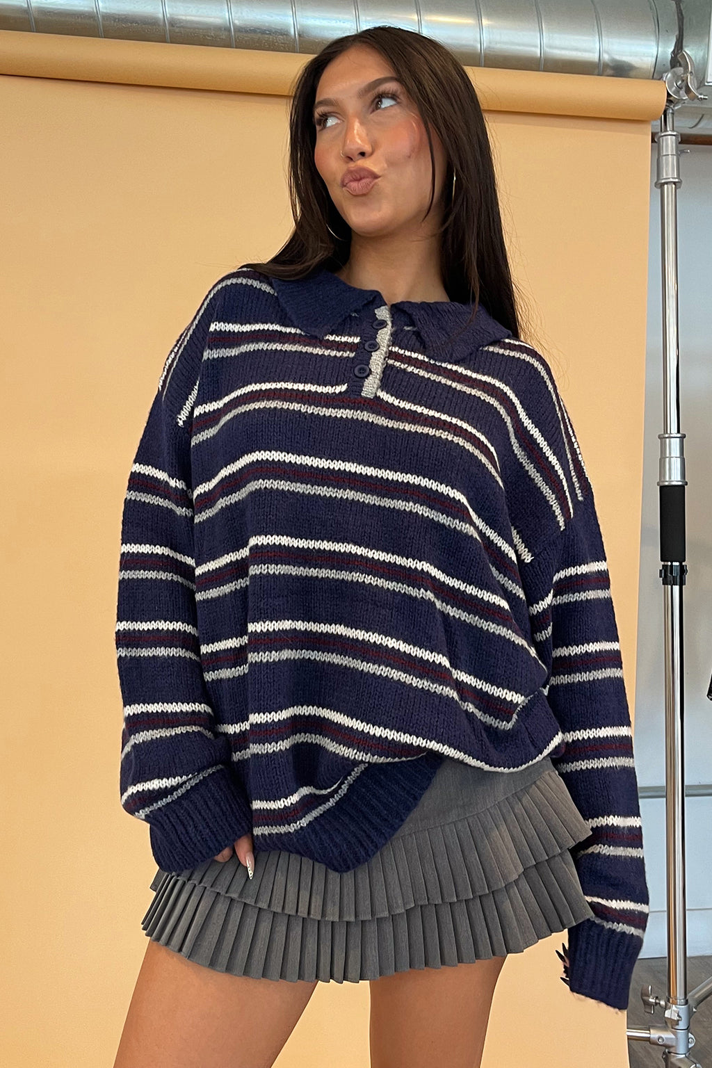 Arden Navy Stripe Collared Knit Sweater