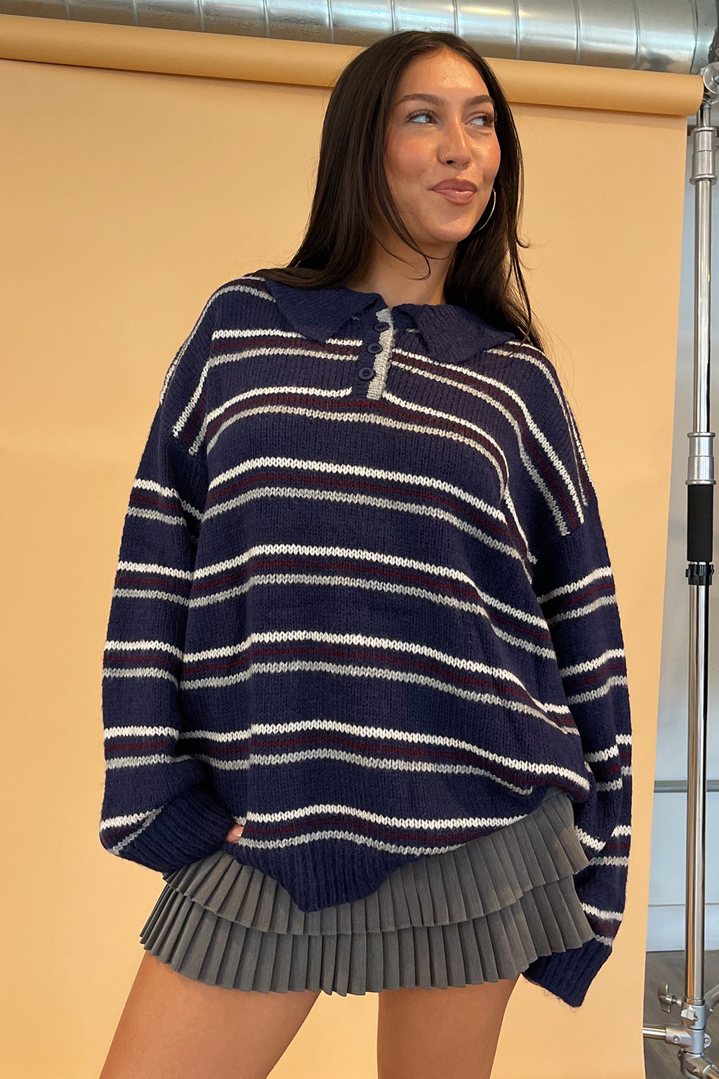 Arden Navy Stripe Collared Knit Sweater