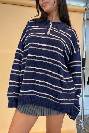Arden Navy Stripe Collared Knit Sweater
