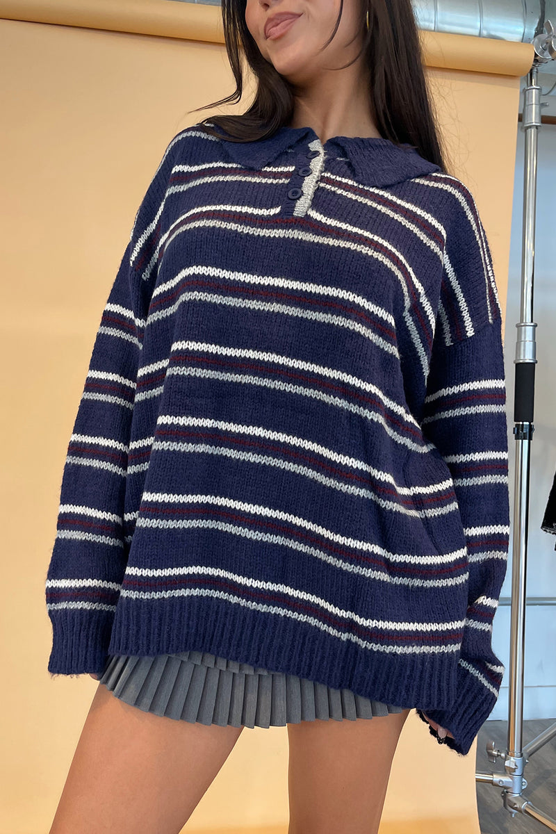 Arden Navy Stripe Collared Knit Sweater