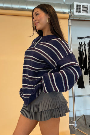 Arden Navy Stripe Collared Knit Sweater