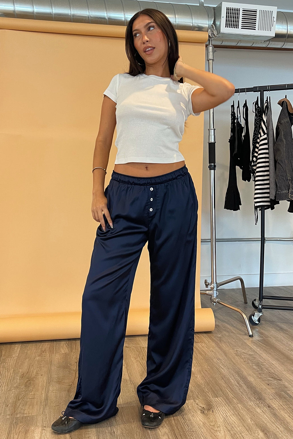 Sawyer Navy Satin with Button Detail Pants
