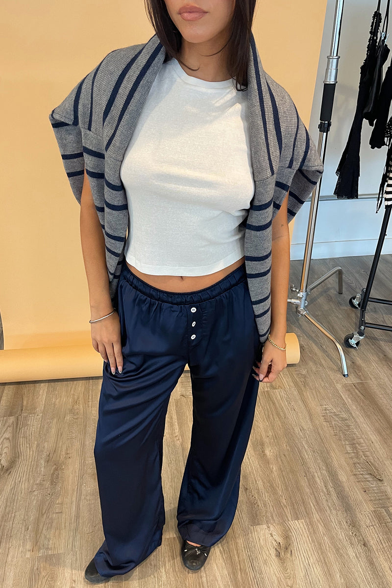 Sawyer Navy Satin with Button Detail Pants