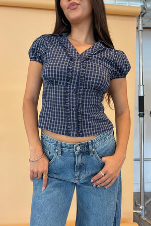 Macey Navy Blue Plaid Button Up Collared Top