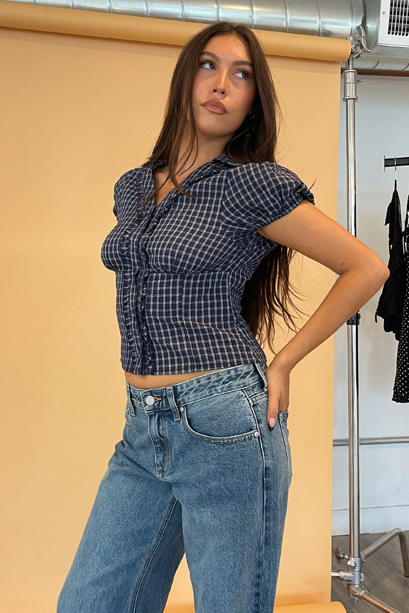 Macey Navy Blue Plaid Button Up Collared Top