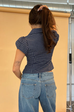Macey Navy Blue Plaid Button Up Collared Top