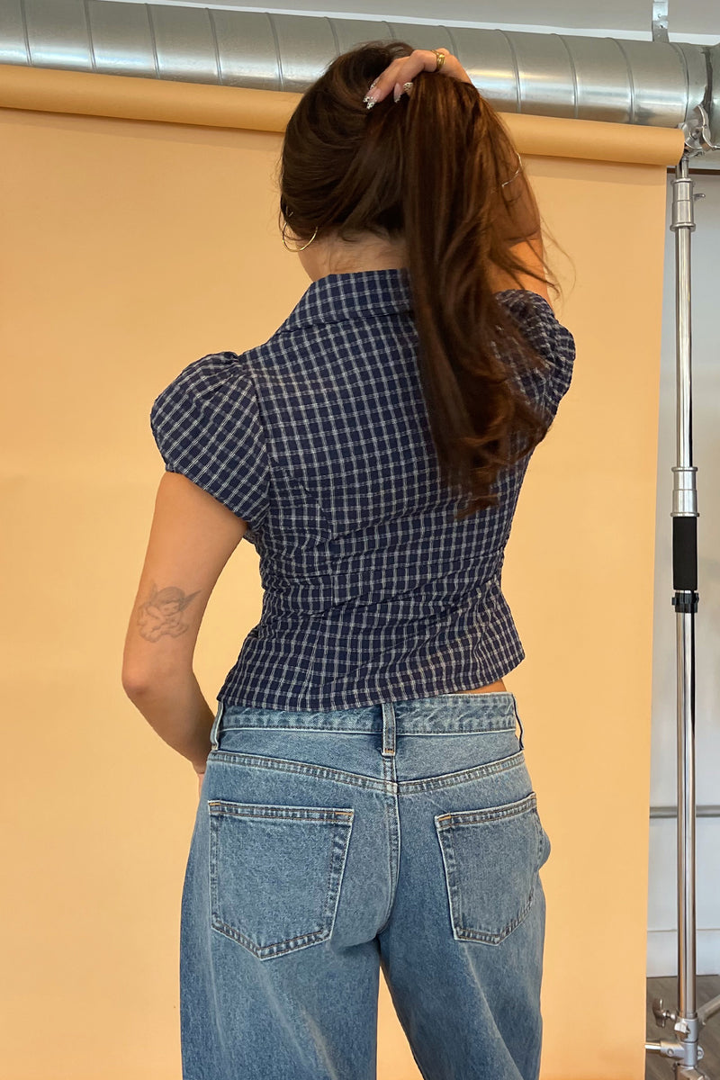 Macey Navy Blue Plaid Button Up Collared Top