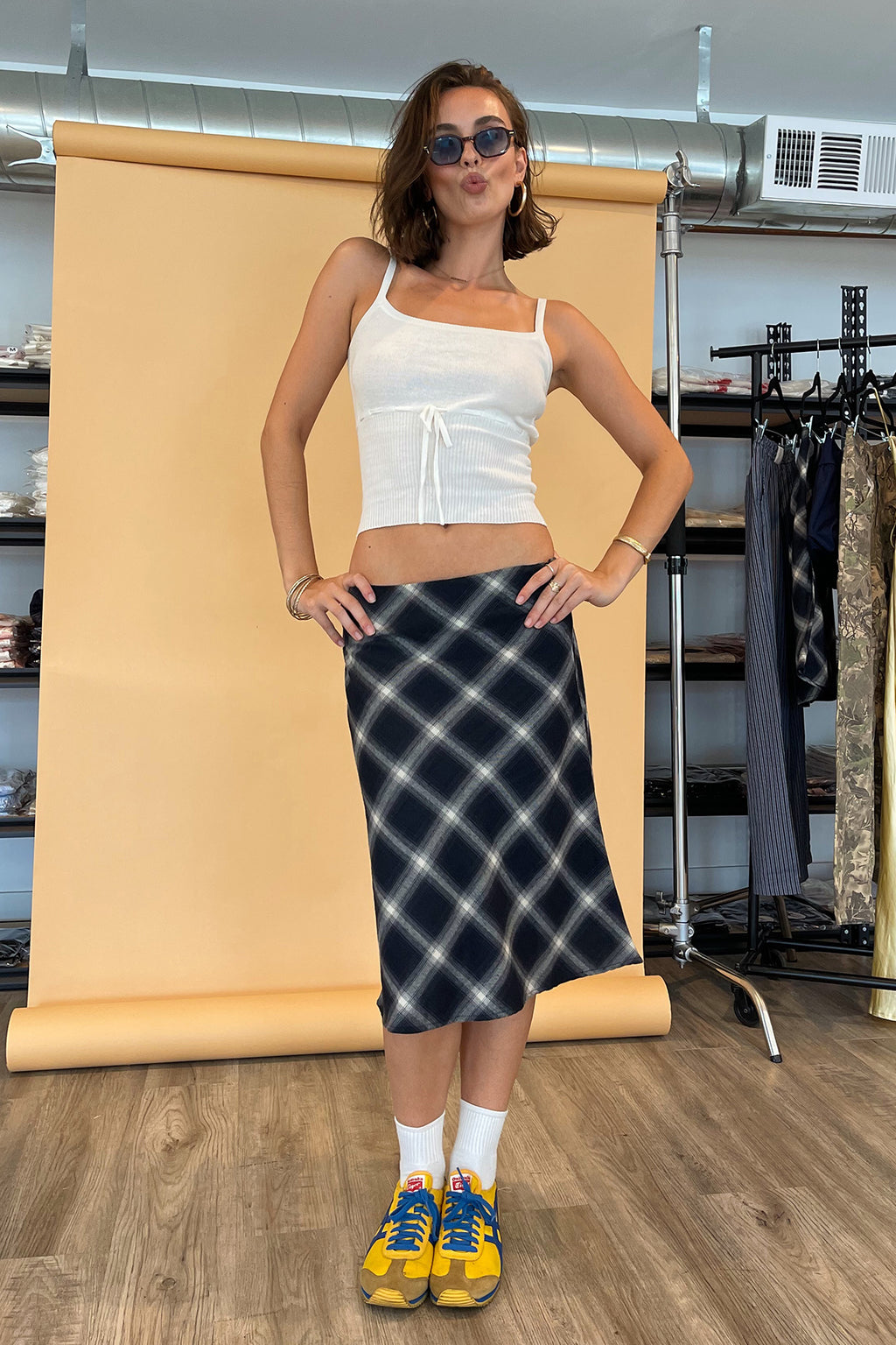 Olivia Navy Plaid Midi Skirt