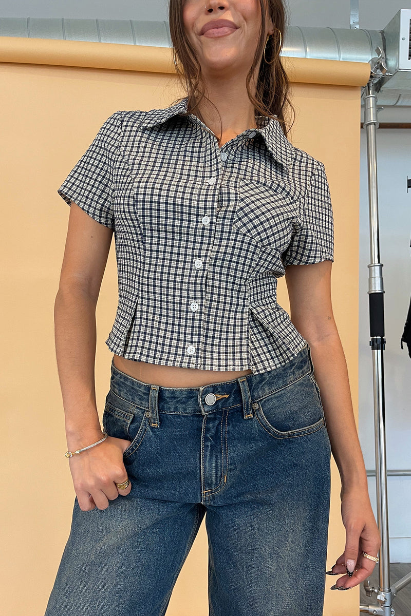 Carson Navy and Cream Plaid Button Up Collared Top