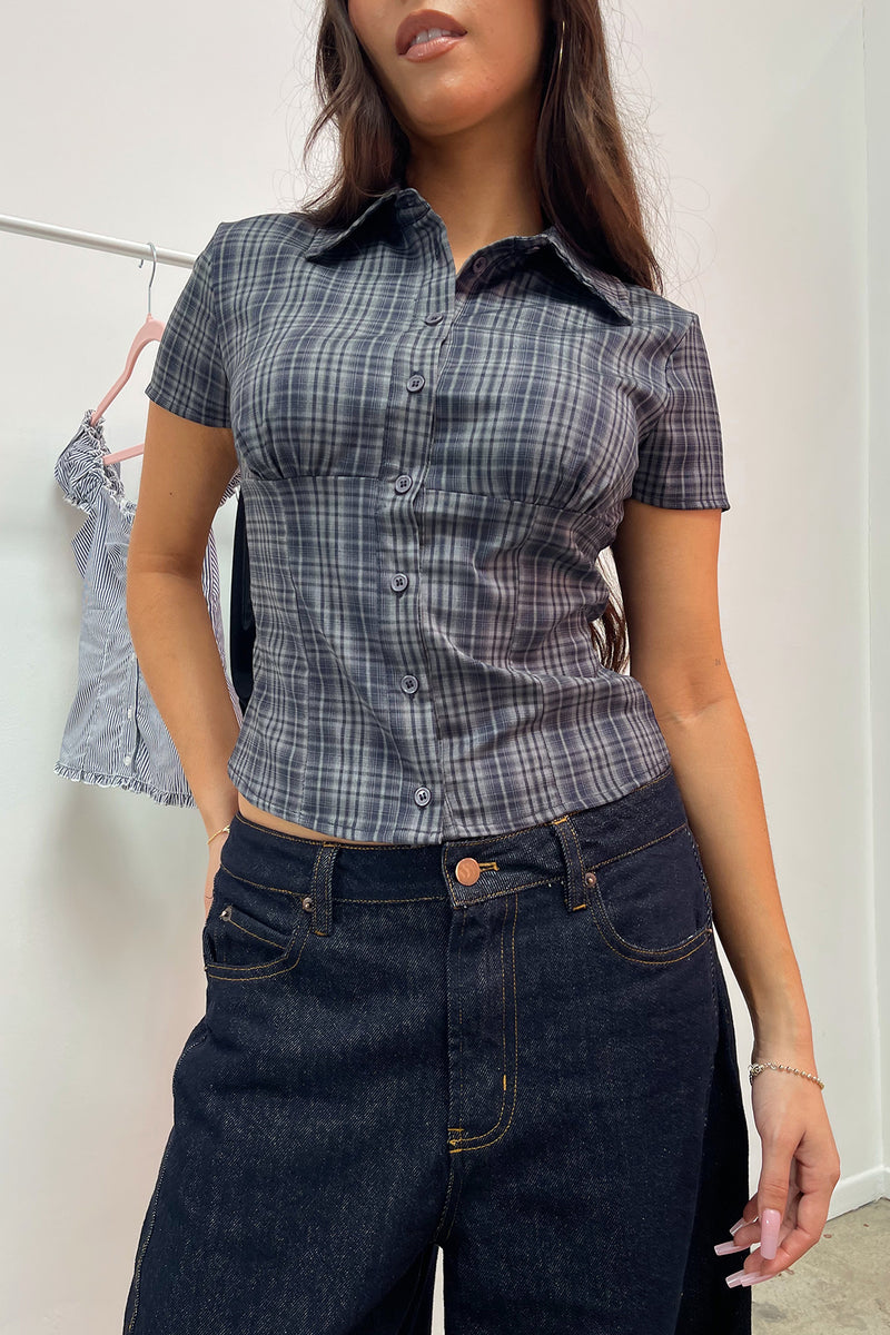 Emerson Navy Plaid Collared Button Up Top