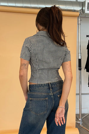 Carson Navy and Cream Plaid Button Up Collared Top
