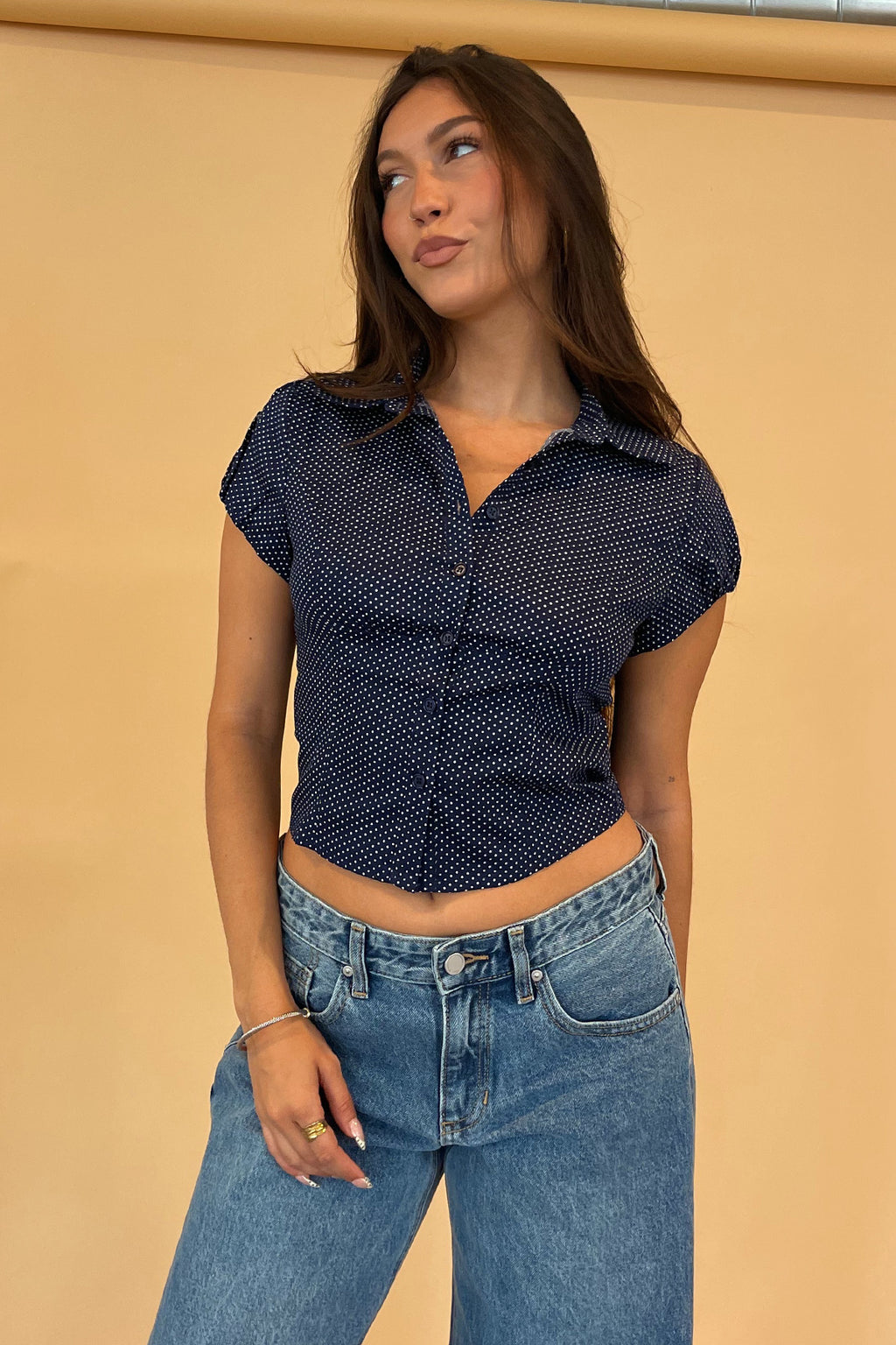 Class Act Navy Polka Dot Puff Sleeve Button Up Top