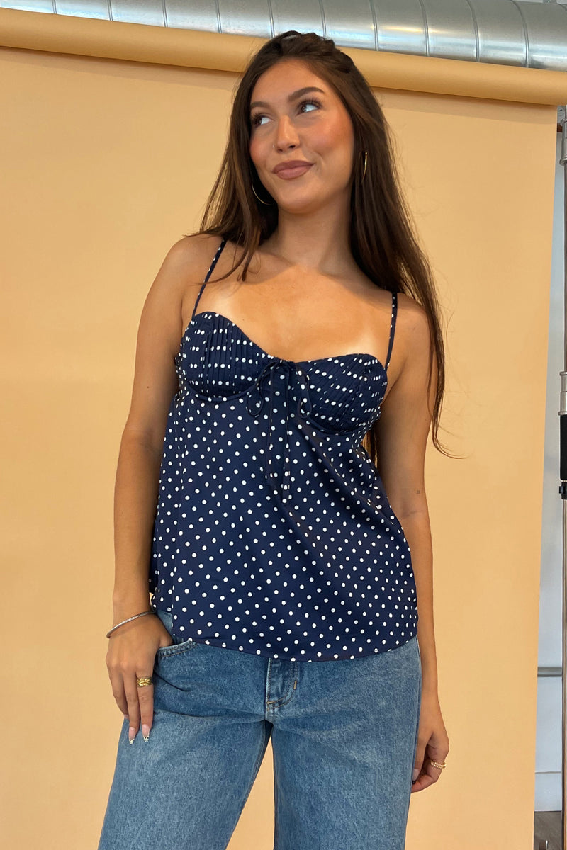 Sutton Navy Blue Polka Dot Satin Tank Top