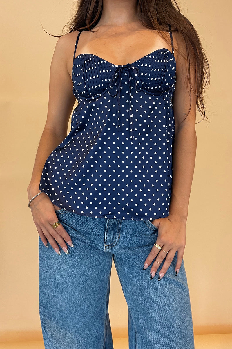 Sutton Navy Blue Polka Dot Satin Tank Top