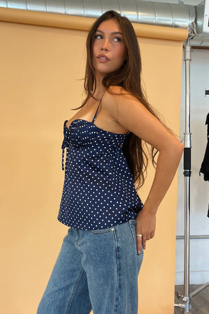 Sutton Navy Blue Polka Dot Satin Tank Top