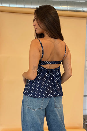 Sutton Navy Blue Polka Dot Satin Tank Top