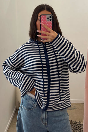 Do Not Disturb Navy and White Stripe Zip Up Hoodie