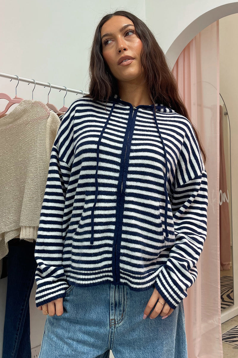 Do Not Disturb Navy and White Stripe Zip Up Hoodie