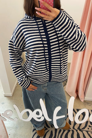 Do Not Disturb Navy and White Stripe Zip Up Hoodie