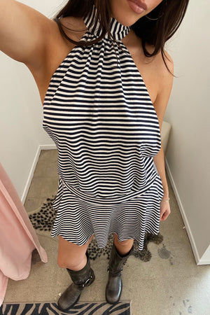 Out of Line White and Navy Stripe Halter Mini Dress