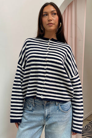 Blythe Navy and Ivory Stripe Button Up Cardigan
