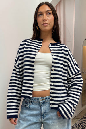 Blythe Navy and Ivory Stripe Button Up Cardigan