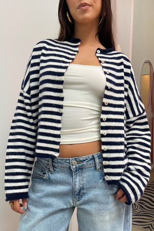Blythe Navy and Ivory Stripe Button Up Cardigan