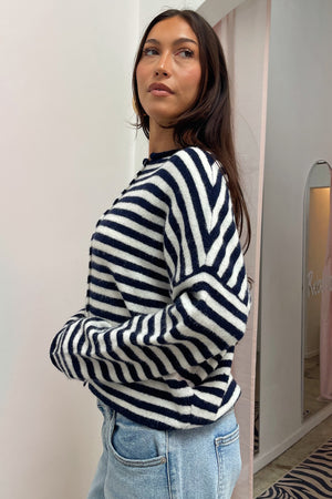 Blythe Navy and Ivory Stripe Button Up Cardigan