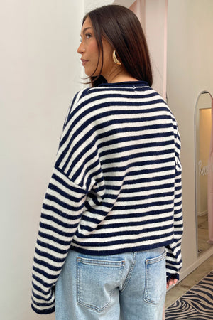 Blythe Navy and Ivory Stripe Button Up Cardigan